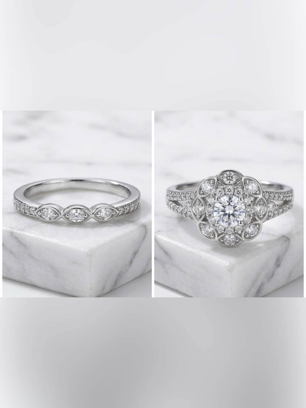 Silver tone Floral Halo Engagement Ring Set with Pavé Band Jewelry